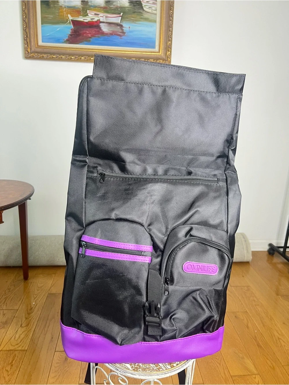 Black and Purple Roll-Top Backpack with Front Pockets